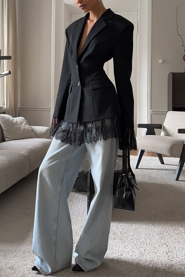Solid Color Lace Panel Long Sleeve Button Elegant Blazer-consonak