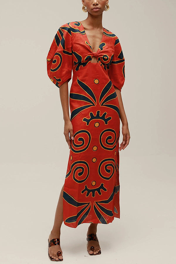 Kaya Linen Blend Color Block Print Front Cutout Knot Puff Sleeve Maxi Dress | Consonak