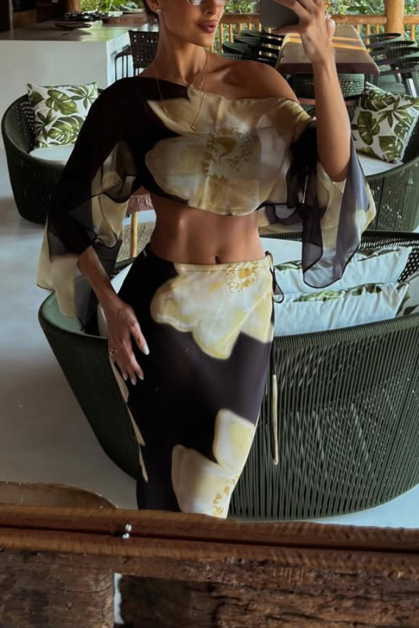 Floral Print Off-shoulder Long-sleeved Loose Top and Elegant Drawstring Maxi Skirt Set