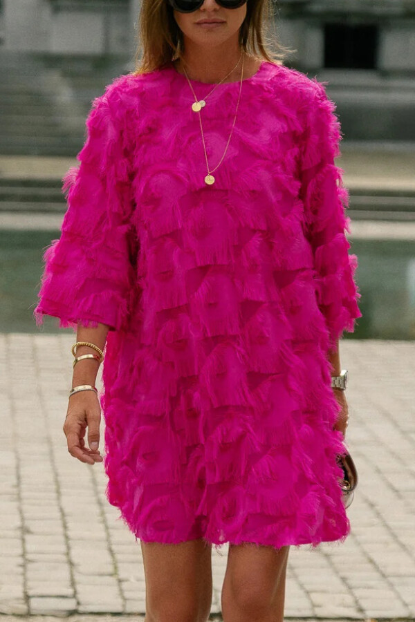 Solid Color Loose Round Neck Casual Tassel Mini Dress-consonak