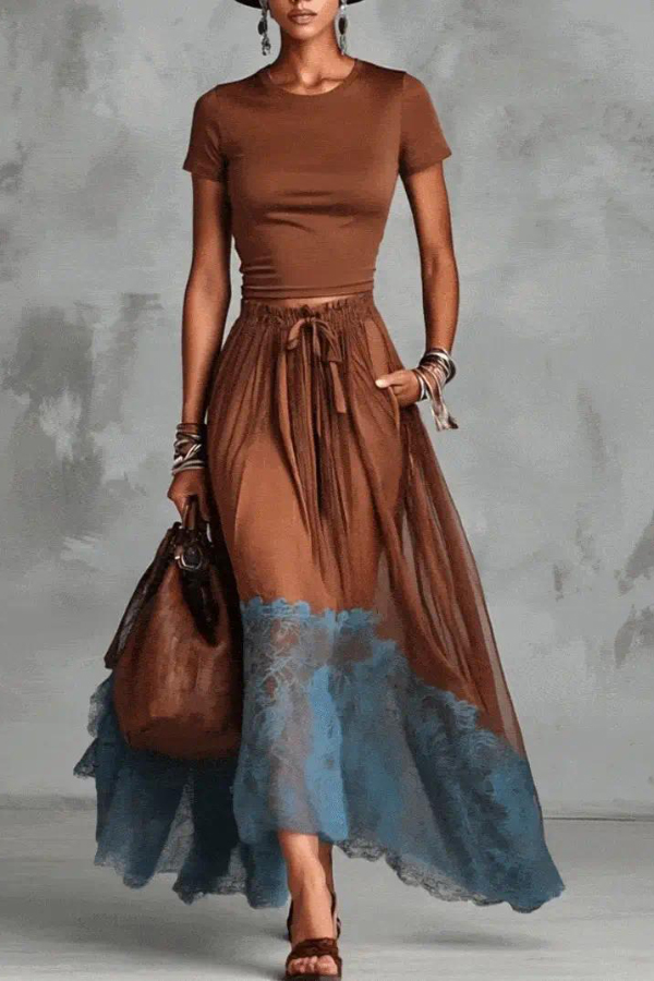 Stylish Round Neck Short-sleeved Fitted Top and Elastic Waist Pockets Lace Hem Maxi Skirt Set-Consonak