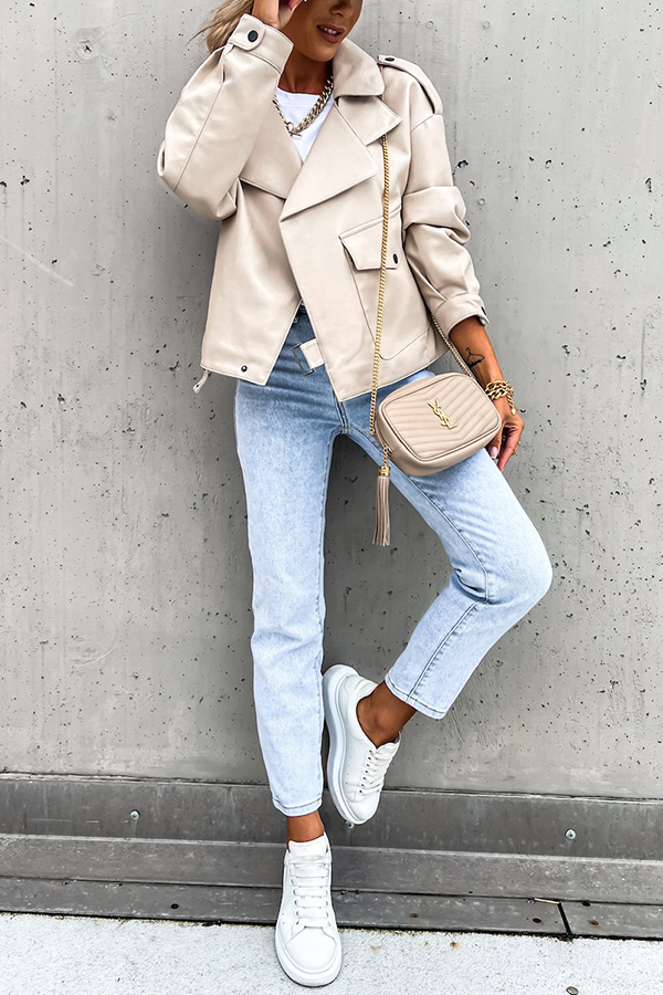 Stylish Leather Lapel Pocket British Style Cropped Jacket-consonak