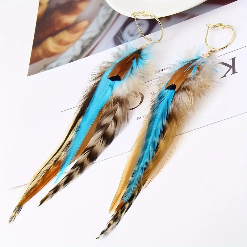Boho Vintage Colorful Feather Tassel Dangle Drop Earrings | Consonak