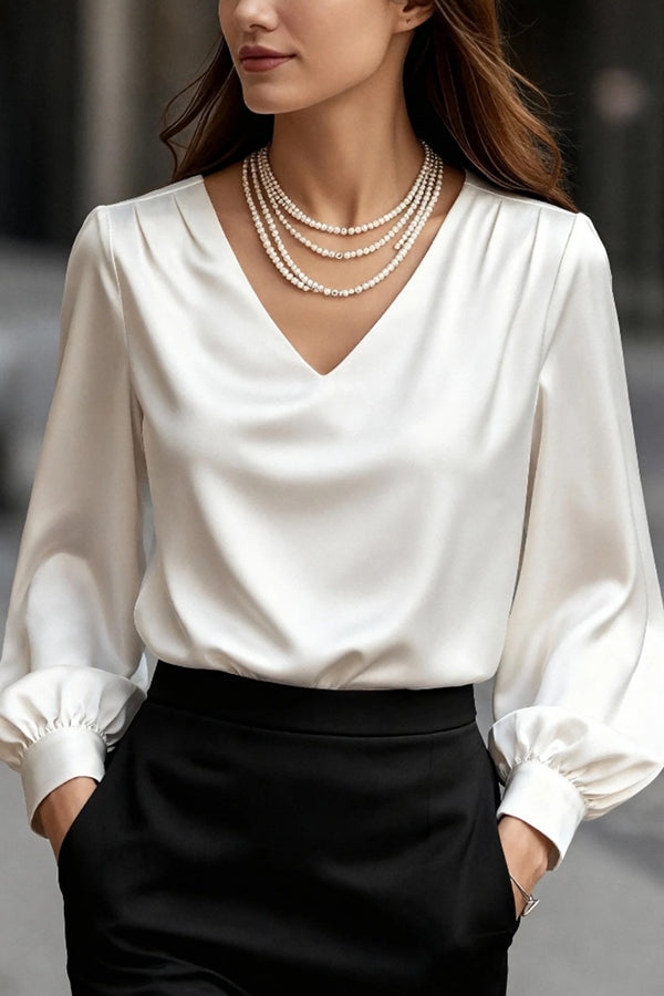 Solid Color Satin V-neck Puff Sleeve Casual Shirt-consonak