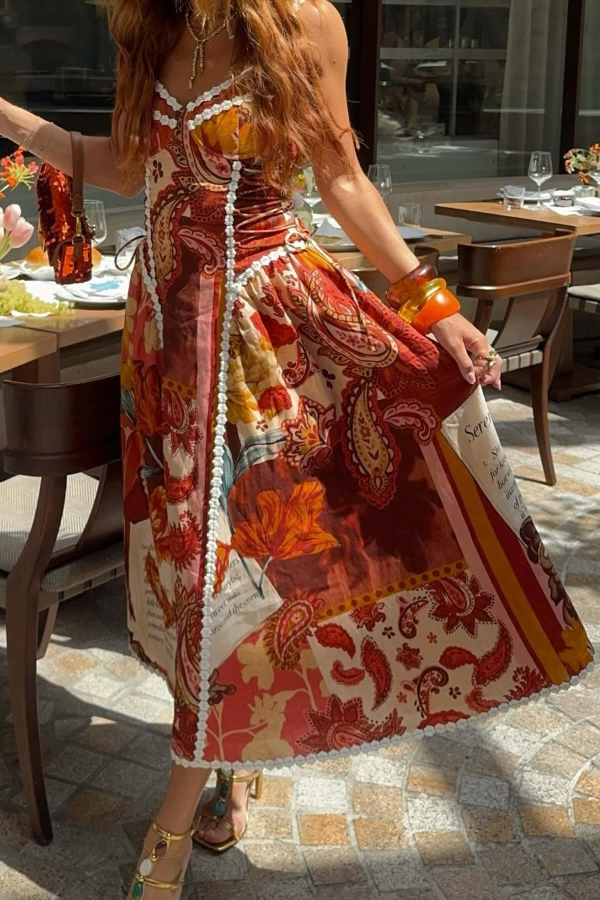 Unique Printed Floral Trim Suspender Side Tie Vacation Midi Dress