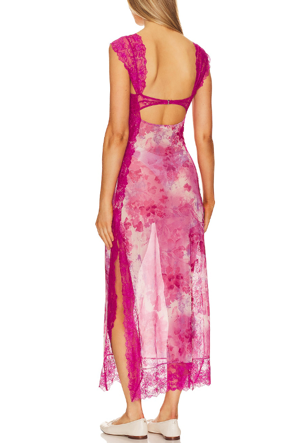 Floral Print Lace Patchwork Hollow-out Slim-fit Midi Dress-consonak
