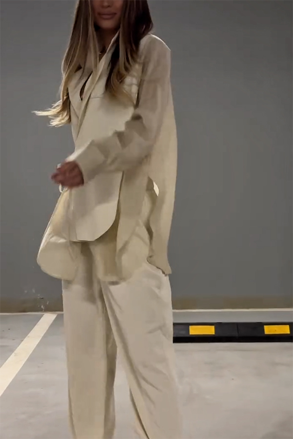 Chic and Elegant Chiffon Patchwork Irregular Lace-up Jacket and Pocketed Straight-leg Pants Set-consonak