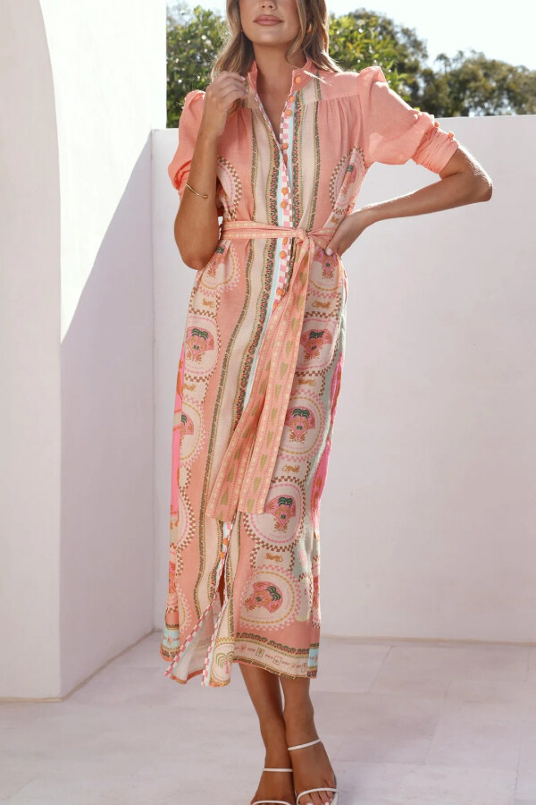 Unique Printed Puff Sleeve Button Lace Up Vacation Maxi Dress-consonak