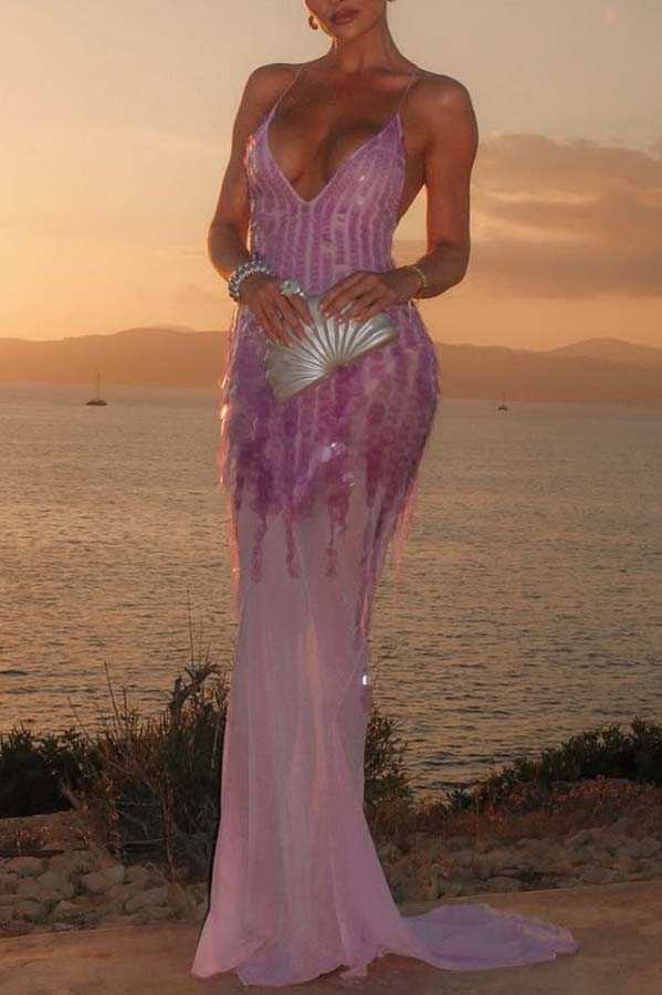 Perfect Night Sequin Embroidery Backless Drape Tulle Hem Slip Maxi Dress | Consonak