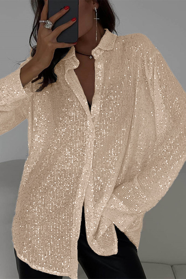 Fashion Sequin Lapel Long Sleeve Loose Shirt-consonak