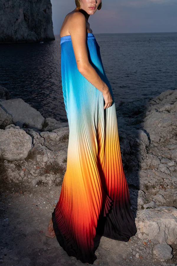 Ibiza Sunset Pleated Gradient Print Strapless Asymmetrical Hem A-line Maxi Dress