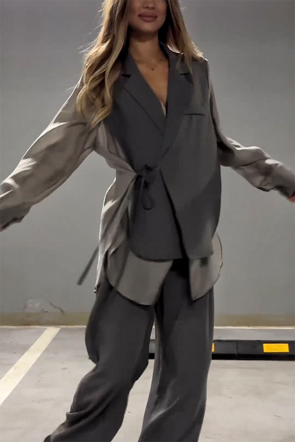 Chic and Elegant Chiffon Patchwork Irregular Lace-up Jacket and Pocketed Straight-leg Pants Set-consonak