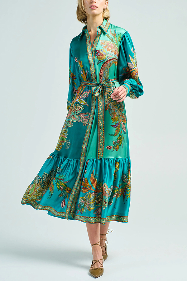 Resort Style satin Unique Printed Lapel Lantern Sleeve Lace-up Midi Dress-consonak