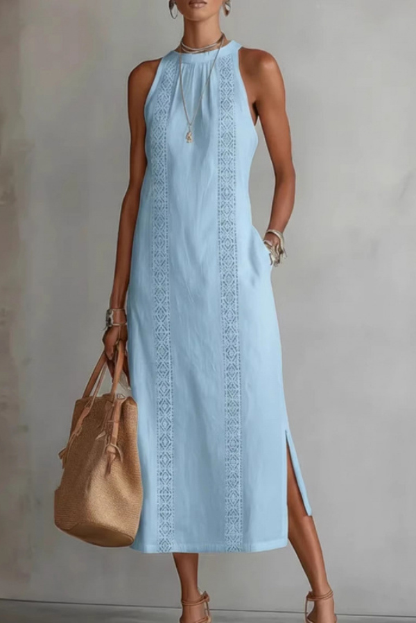 Solid Color Round Neck Sleeveless Casual Pockets Midi Dress
