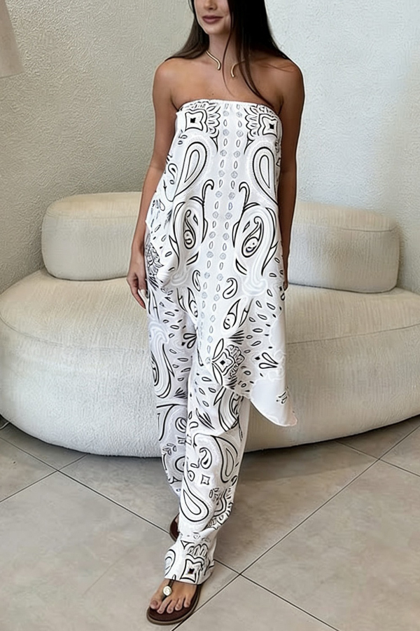 Unique Printed Sleeveless Off-shoulder Top and Elastic Waist Casual Straight Leg Pants Set