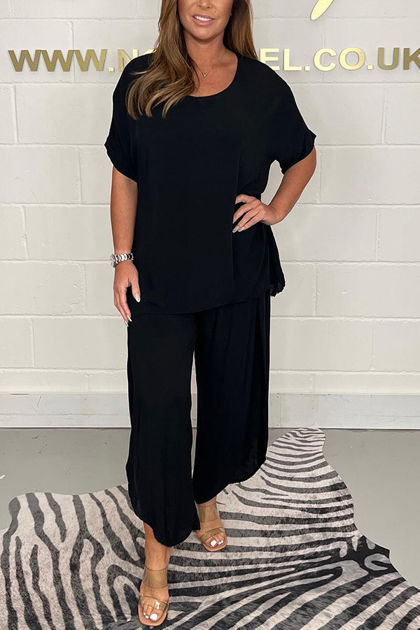 Greyson Flowy Loose Blouse and Elastic Waist Slit Pants Set-consonak