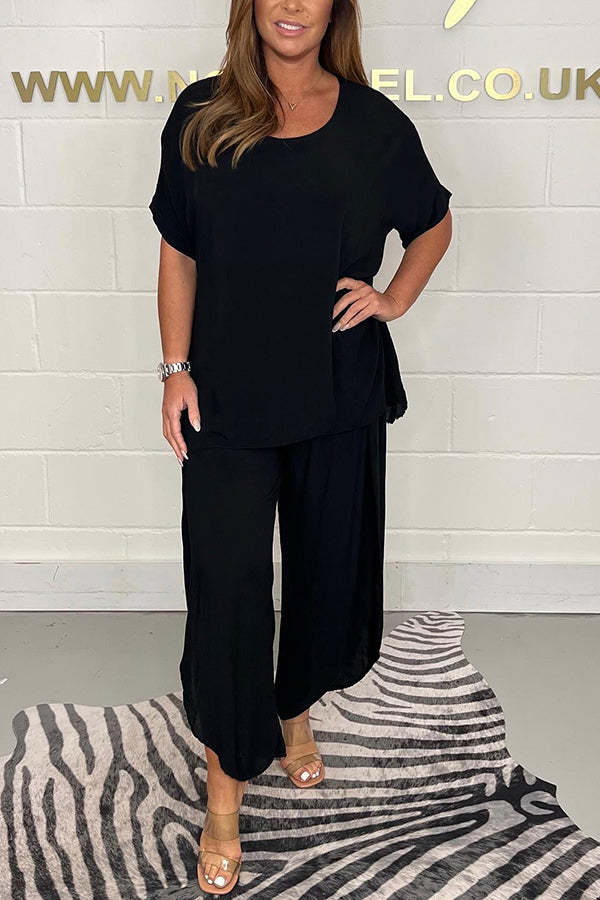 Greyson Flowy Loose Blouse and Elastic Waist Slit Pants Set-consonak