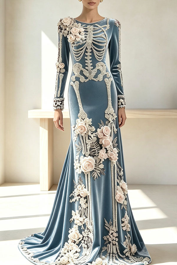 Luxury skull embroidered velvet dress-Consonak