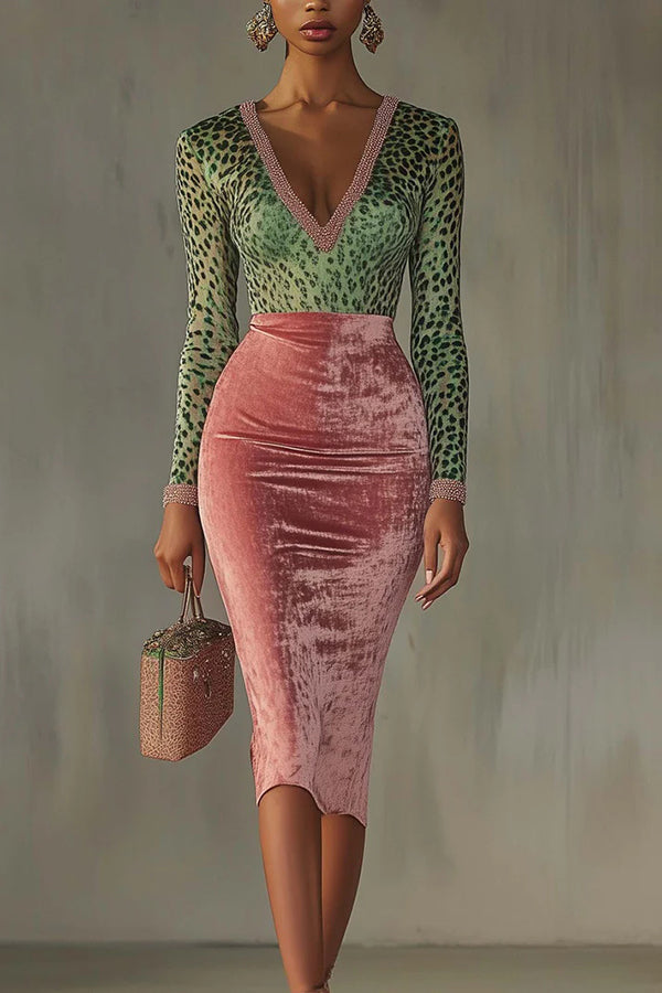 Fashionable Velvet Patchwork Stretch Slim Midi Dress-consonak