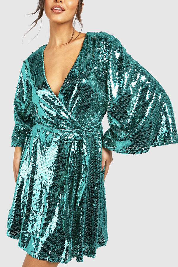 Solid Color Loose Sequined V-neck Tie Mini Dress-consonak