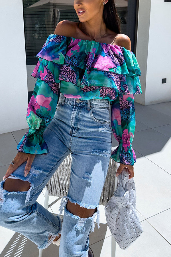 Colorful Botanical Print Sexy Off-shoulder Ruffle Top-consonak