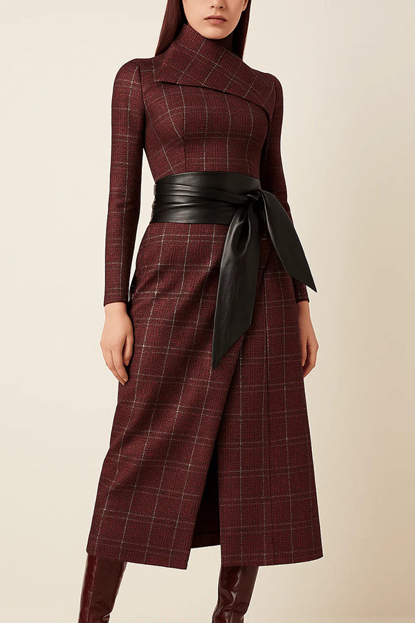 Plaid Print Long-Sleeved Wide-belted Slim-Fit Midi Dress-consonak