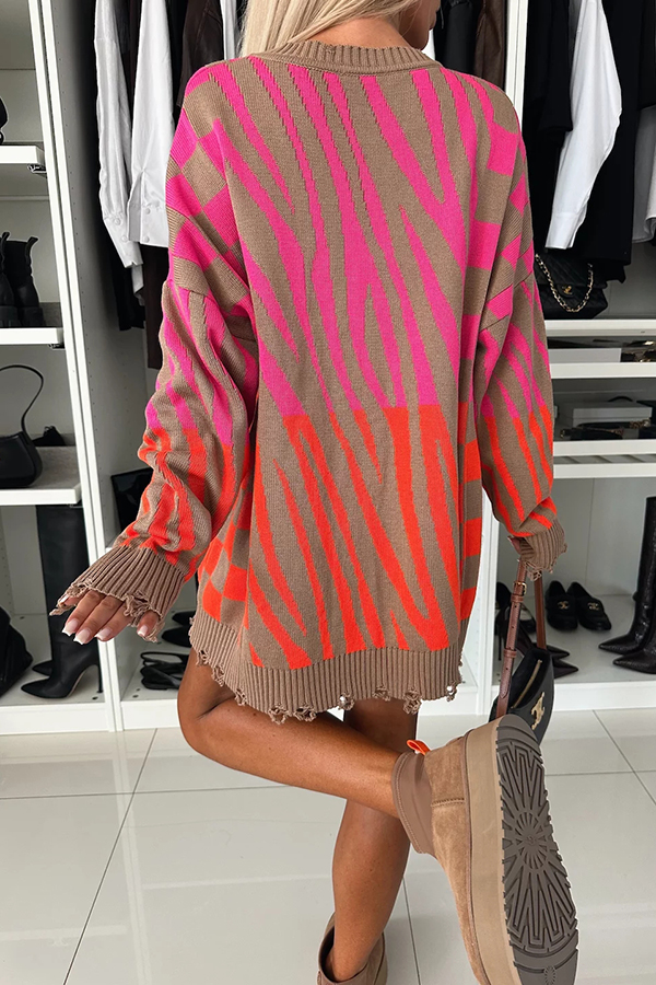 Fashionable Knit Zebra Geometric Pattern Frayed Hem Loose Sweater | Consonak