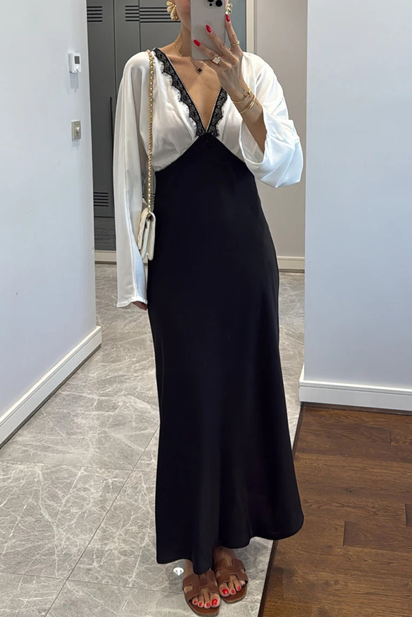 Lainei Contrast Color Satin Lace Trim V-neck Long Sleeve Maxi Dress-consonak