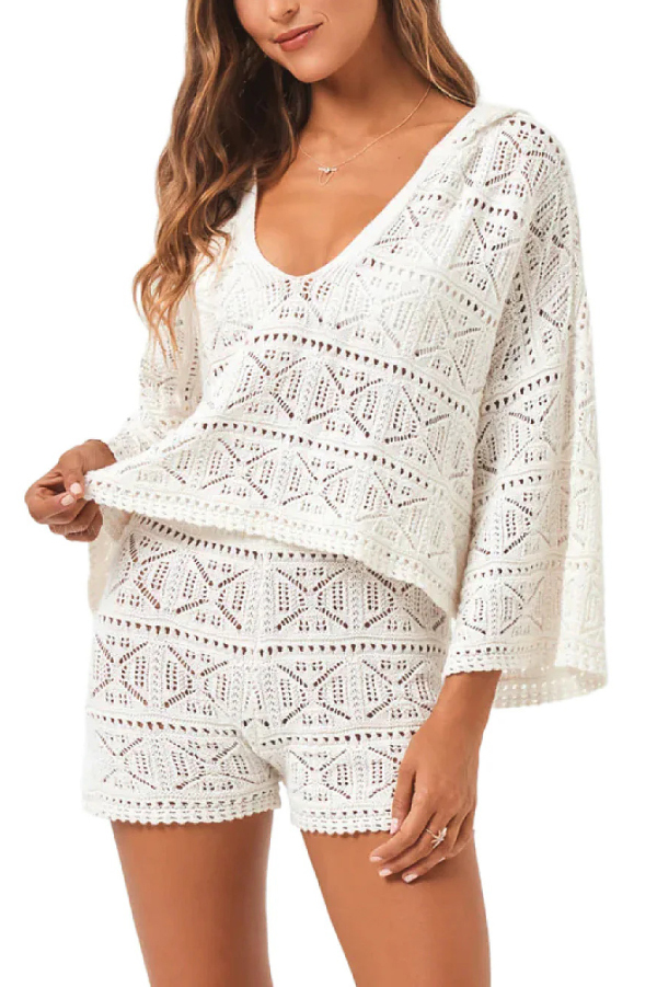 Solid Color Hooded Long-sleeved Loose Top and Stretch Openwork Shorts Knitted Cover-up Set-consonak