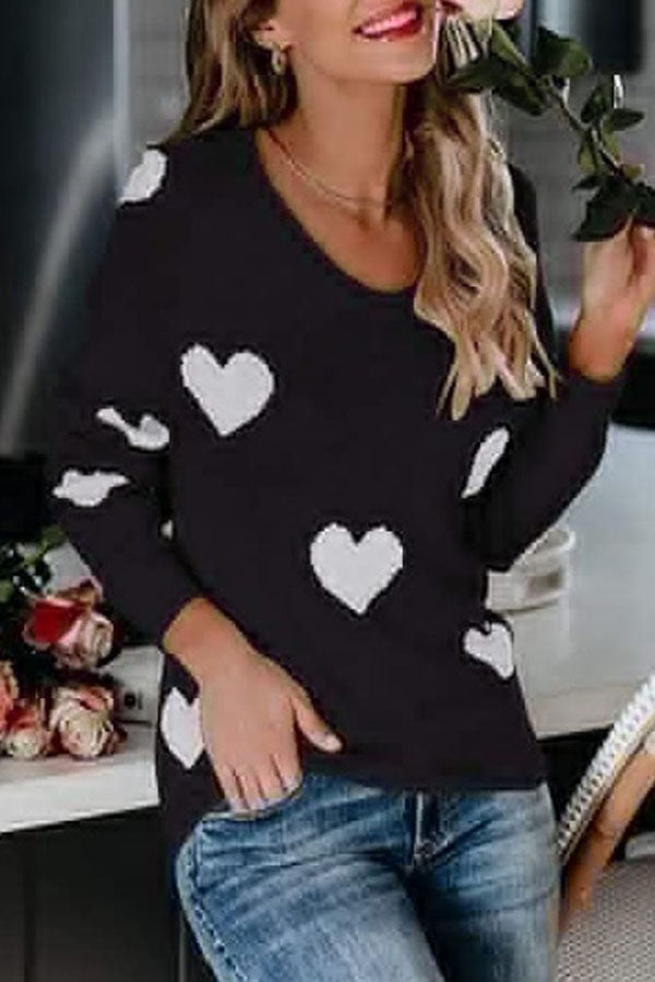 Stylish Color-blocked Heart-patterned Long-sleeved Loose Knit Sweater-consonak