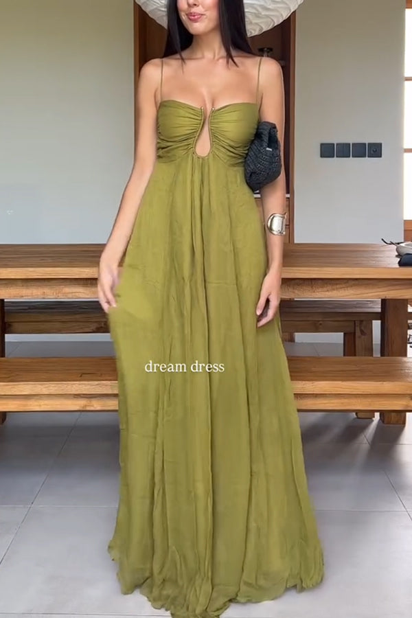 Soft and Elegant Metal Hollow Design Back Smocked A-line Slip Maxi Dress-consonak