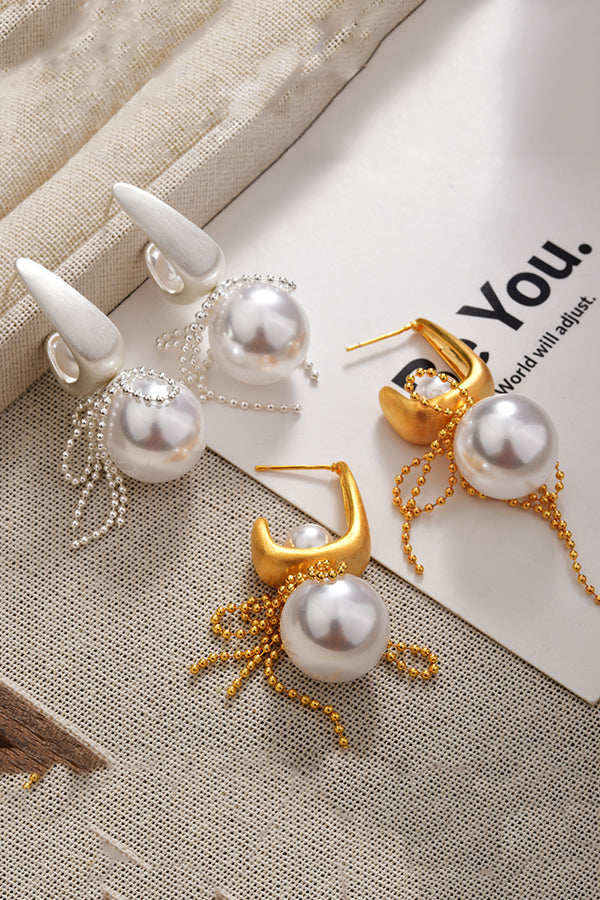 Elegant Pearl Bow Tassel Pearl Earrings-consonak
