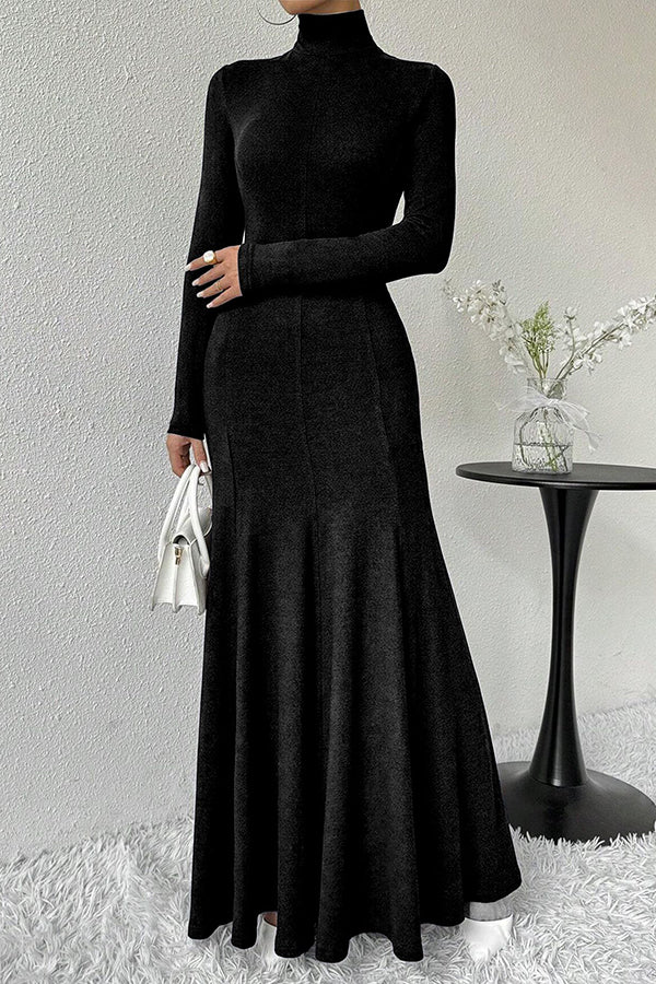 Solid Color High-neck Long-sleeved Slim-fit Fishtail Elegant Maxi Dress-consonak