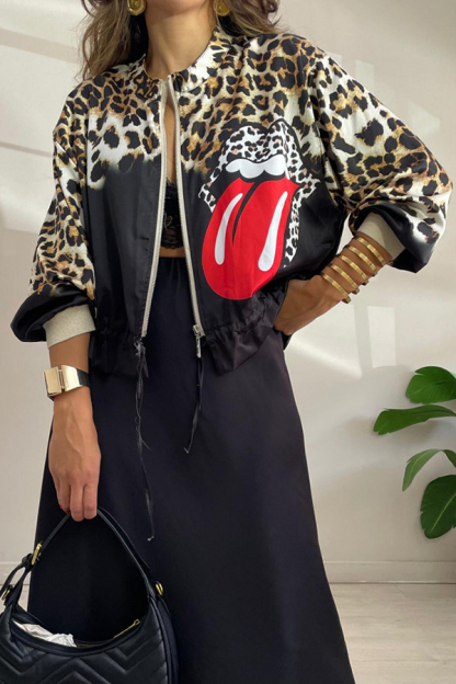 Shiloh Leopard Unique Print Zipper Drawstring Hem Bomber Jacket-consonak