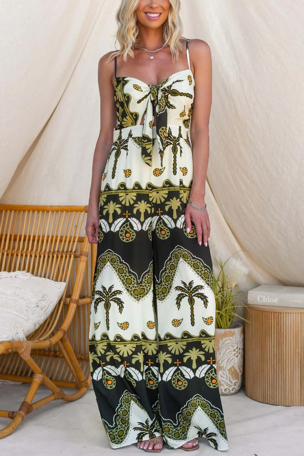 Unique Print Casual Spaghetti Strap High Waist Resort Loose Wide Leg Jumpsuit | Consonak