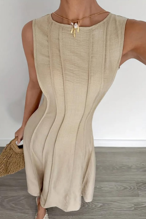 Solid Color Round Neck Sleeveless Elegant Pleated Casual Maxi Dress | Consonak