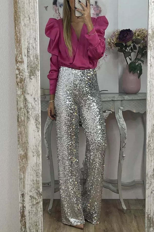 Perfectly Adored Satin Crossover Neckline Puff Sleeve Blouse-consonak