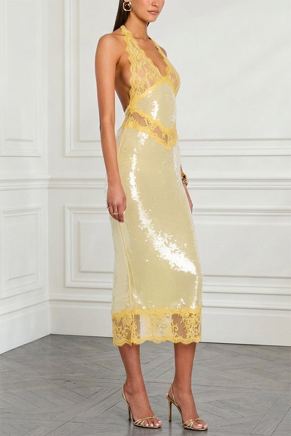 Vicky Sequin Floral Sheer Lace Trim Halter Pencil Midi Dress | Consonak