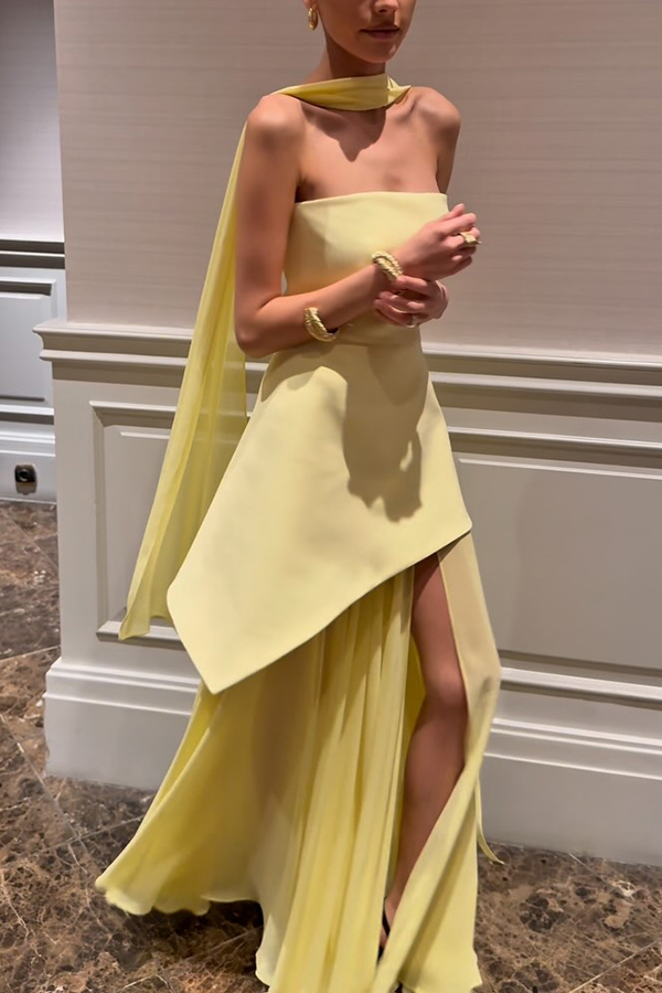 Monaco Off Shoulder Structured Top Chiffon Slit Hem Scarf Maxi Dress | Consonak
