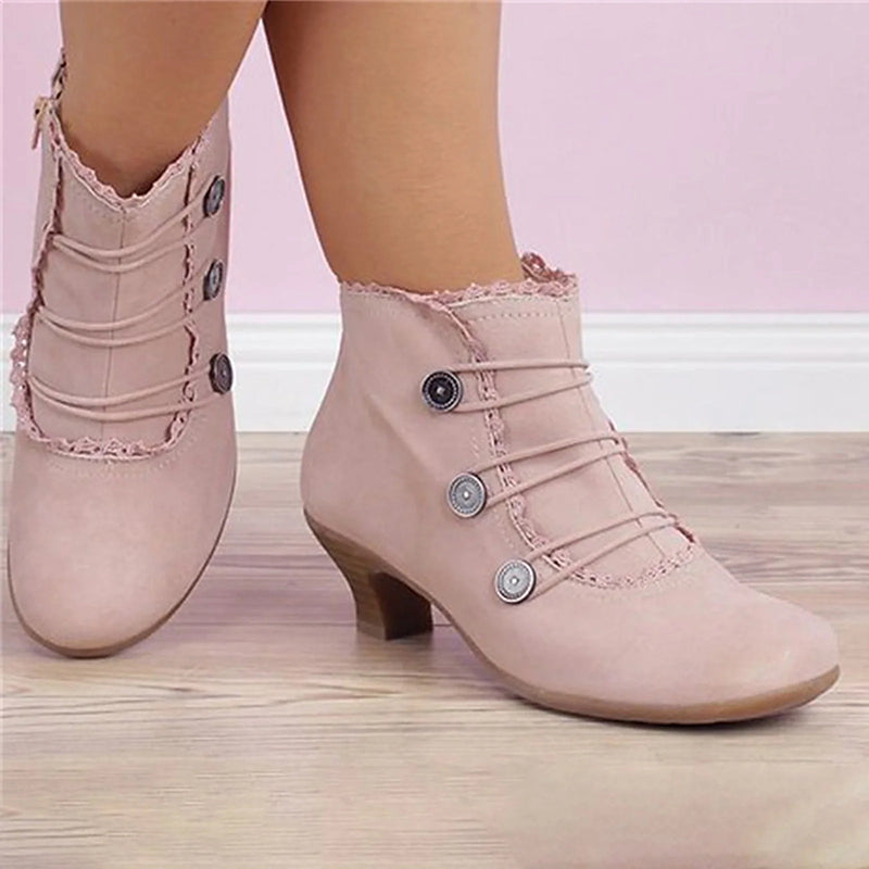 Retro Lace Round Buckle Low Heel Martin Boots-consonak