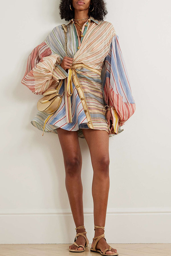 Salie Linen Blend Color-block Stripes Twisted Wrap Long Balloon Sleeve Shirt Mini Dress-consonak