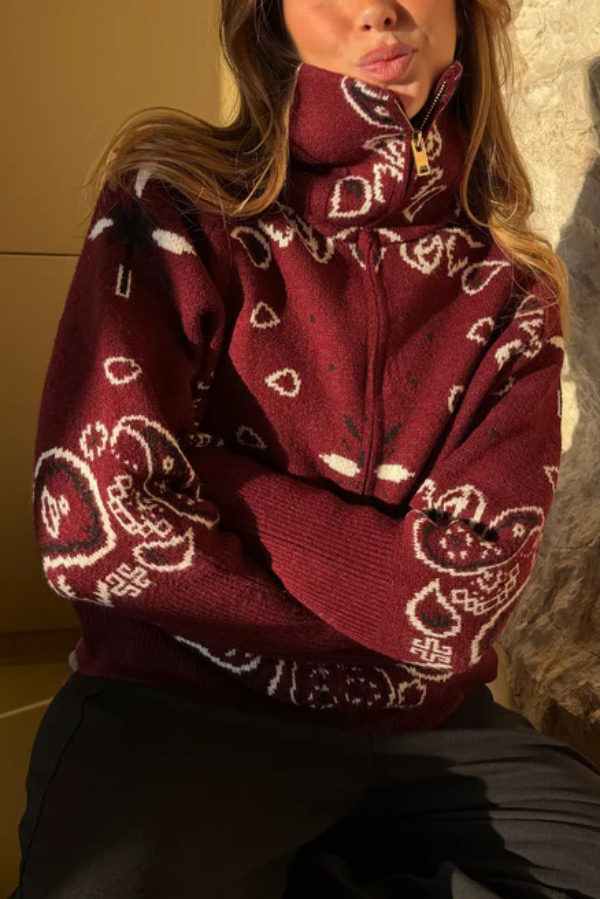 Fashionable Jacquard Turtleneck Long-sleeved Casual Zip-up Pocket Knit Top-consonak