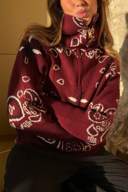 Fashionable Jacquard Turtleneck Long-sleeved Casual Zip-up Pocket Knit Top