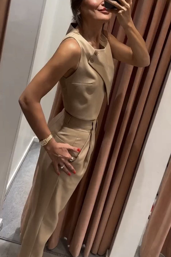 Balvin Linen Blend Cross Button Neck Crop Vest and High Rise Pocketed Pants Set-consonak