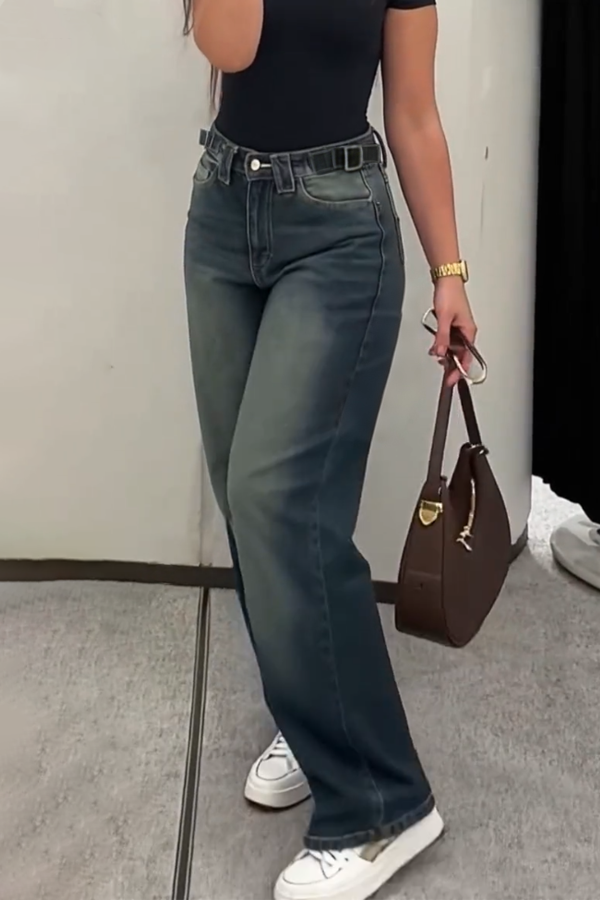 Stylish High-waisted Loose-fitting Pocket Casual Straight-leg Wide-leg Jeans-consonak