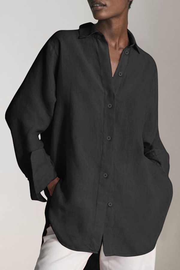 Reality Calling Linen Blend Solid Button Long Sleeve Loose Blouse-consonak