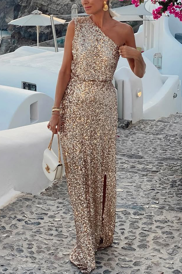Santorini Night Sequin Fabric One Shoulder Slit Maxi Dress | Consonak