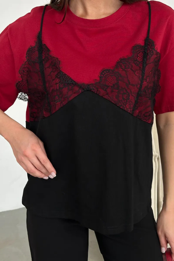 Fashionable Lace Patchwork Loose-fitting Round Neck Short-sleeved T-shirt