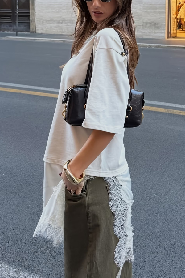 Stylish Round Neck Short-sleeved Patchwork Lace Hem Loose T-shirt-consonak