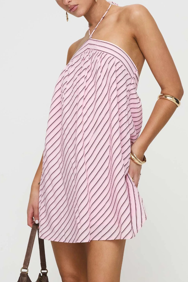 Striped Print Sleeveless Halter Neck Loose Vacation Mini Dress